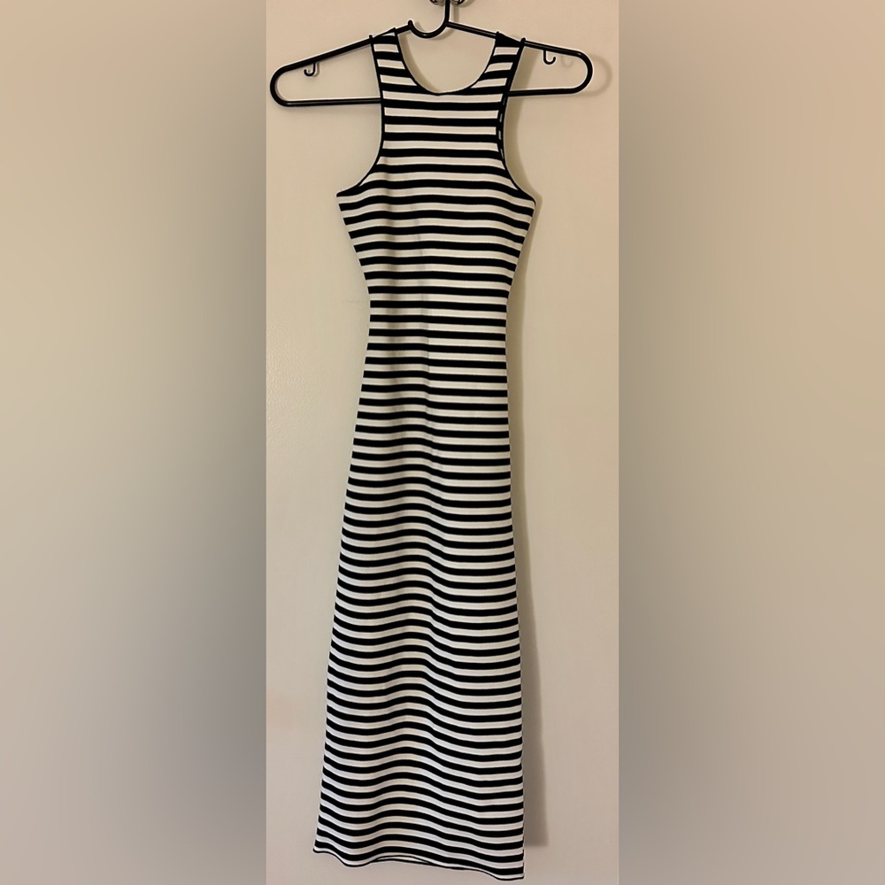 Zara black and white striped midi form-fitting dress with a cutout back